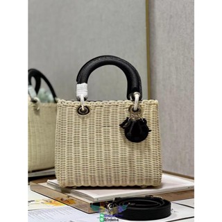 24cm D.ior willow-woven basket Diana handbag ultralight shopper tote with studded feet