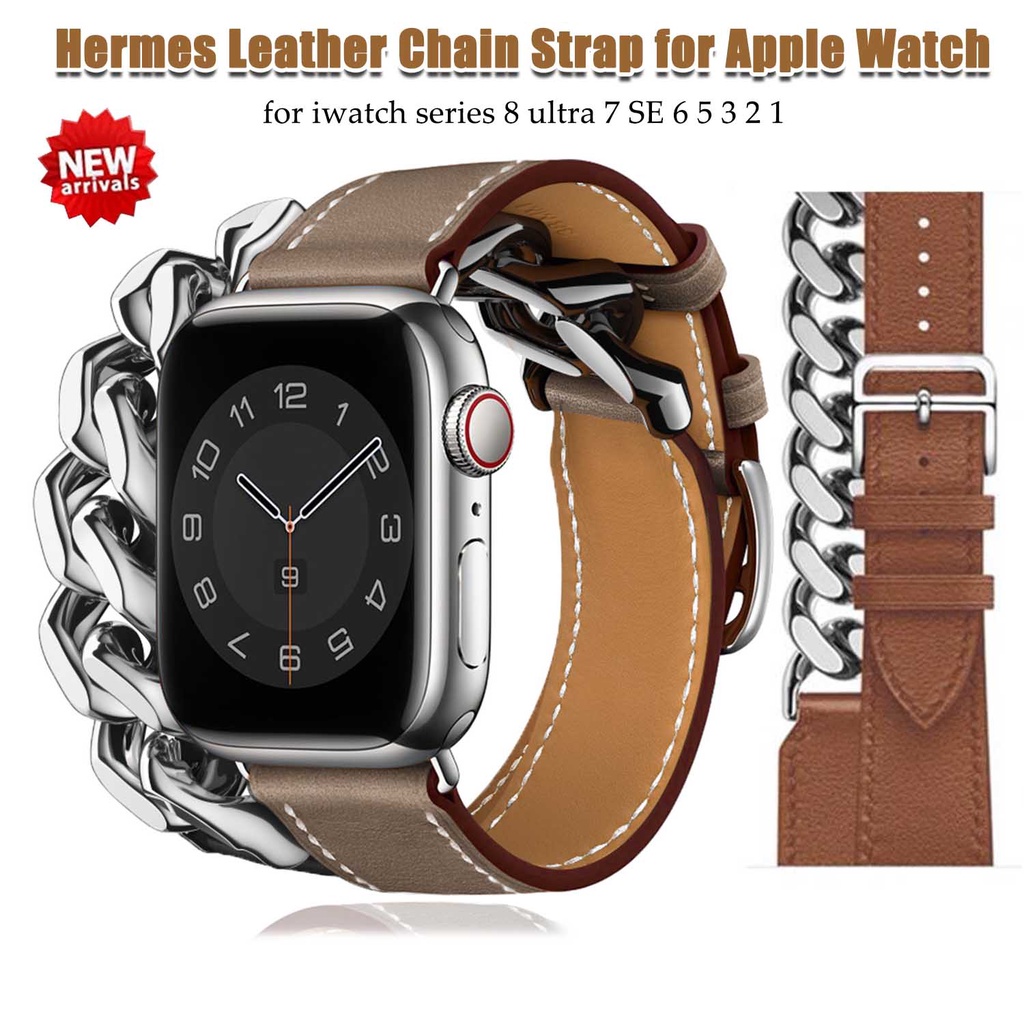 สายนาฬิกา applewatch สายโซ่หนังสำหรับ Apple Watch 8 Ultra 49mm 7 SE 6 5 4 สายนาฬิกาหนังโลหะสำหรับ iWatch Series 42/44/45