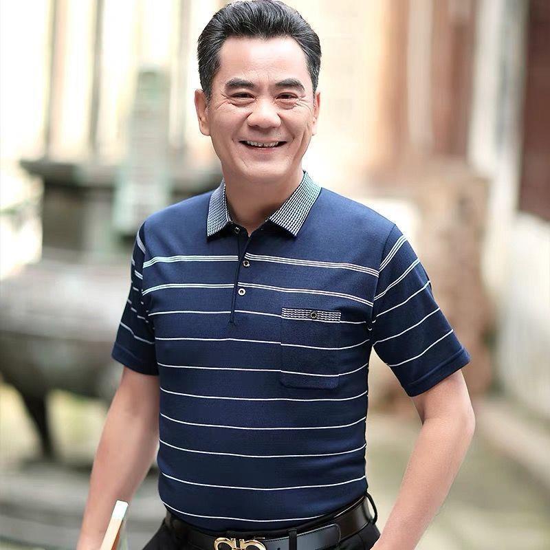 เสื้อโปโลแขนสั้น ผ้าเรยอน ทรงหลวม สไตล์เกาหลี สําหรับผู้ชายวัยกลางคน และผู้สูงอายุ - รูปที่ 4