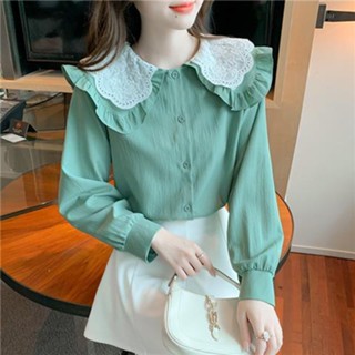 เสื้อเชิ้ตแขนยาว คอตุ๊กตา แต่งระบาย สองชั้น สีพื้น แฟชั่นฤดูใบไม้ผลิ สําหรับผู้หญิง 2023