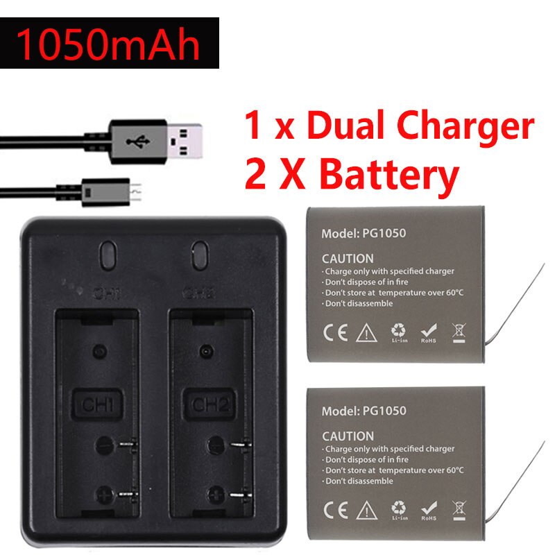 1050MAH แบตเตอรี่ PG1050 Dual Charger สำหรับ EKEN H9 H9R H3R H8R H8สำหรับ SJCAM SJ4000 SJ 4000 SJ500