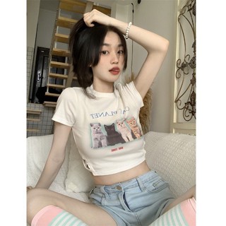 เสื้อครอปแขนสั้น คอกลม พิมพ์ลายกราฟฟิคตัวอักษรน่ารัก แฟชั่นฤดูร้อน สไตล์เกาหลี สําหรับผู้หญิง Y2K