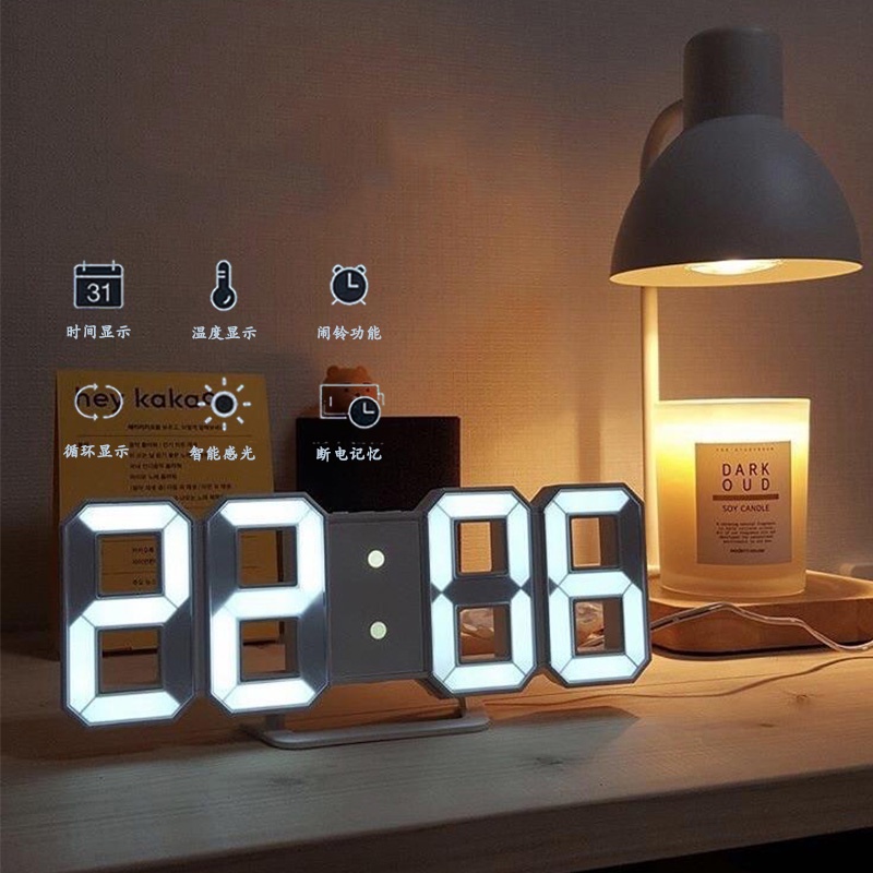 นาฬิกาติดผนัง LED นาฬิกาดิจิตอล 3D Wall Clock นาฬิกาปลุกแบบนอร์ดิกนาฬิกาแขวนนาฬิกาตั้งโต๊ะ Snooze ปฏิทินนาฬิกาเครื่องวัด