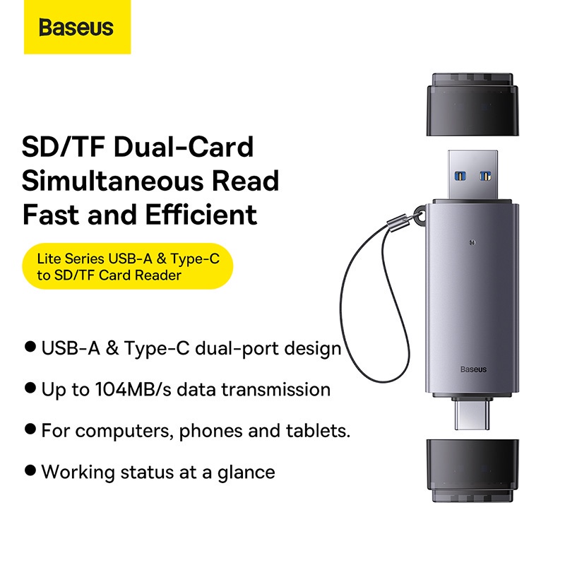 Baseus Light Enjoy Series USB-A & Type-C ถึง SD/TF Card Reader สี Space Grey USB 3.0 พร้อมไฟสถานะ รอ