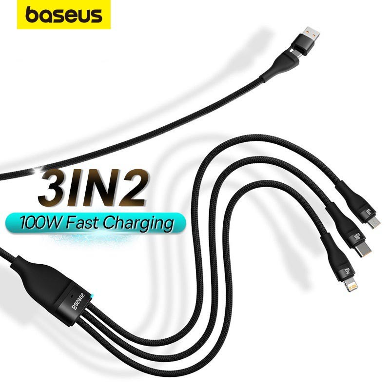 Baseus 3 in 2 สายชาร์จ USB Type-C เป็น M+L+C 5A 100W ชาร์จเร็วมาก สําหรับ Huawei PD 20W 18W 13 12