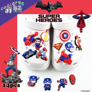 Jibbitz SET Crocs COOL Marvel Hero Spiderman Captain America Superman หัวเข็มขัดยาง PVC แบบนิ่ม 14 ชิ้น