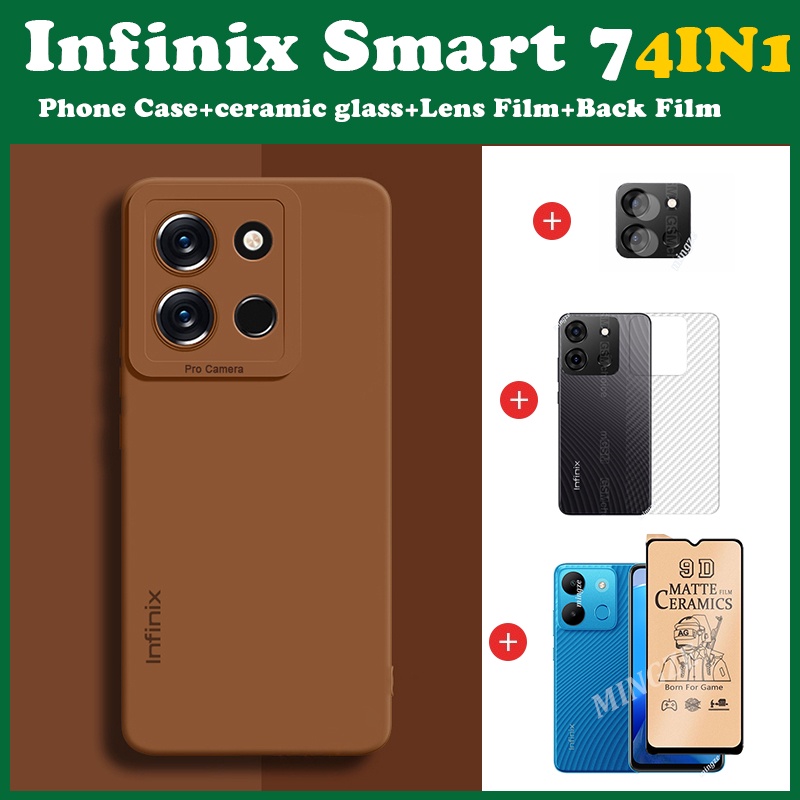 4in1 เคสซิลิโคนนิ่ม infinix Smart 7 เคสโทรศัพท์ กันกระแทก infinix Smart 7 เคสโทรศัพท์ + ฟิล์มเซรามิคหน้าจอ + ฟิล์มเลนส์ + ฝาครอบด้านหลัง