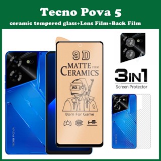 (3 In 1) Tecno Pova 5 กระจกนิรภัยกันรอยหน้าจอ เซรามิค + ฟิล์มกล้อง + ฟิล์มด้านหลัง สําหรับ Tecno Pova 4 ฟิล์มเซรามิค ฝ้า นิ่ม