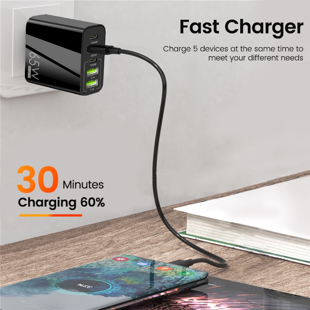 หัวชาร์จมือถือ 65W 5พอร์ต ที่ชาร์จ USB QC3.0 อะแดปเตอร์ชาร์จเร็ว PD 3.1A USB Type C ชาร์จได้ 5พอร์ต