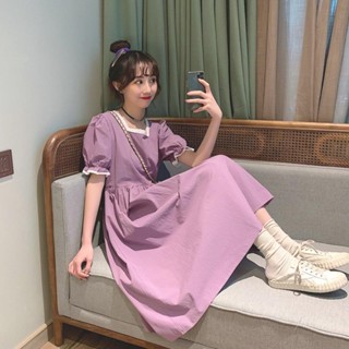 ชุดเดรสยาว ผ้าฝ้าย ทรงเอ คอสี่เหลี่ยม แต่งลูกไม้ ทรงหลวม สไตล์เกาหลี แฟชั่นฤดูร้อน สําหรับสตรี และนักเรียน