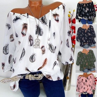 เสื้อแขนสั้น ตัวยาว ☆2019 ฤดูใบไม้ผลิ ฤดูร้อน พร้อมส่ง Amazon ebay ขายดี เสื้อเชิ้ตชีฟอง คอวี แขนครึ่ง พิมพ์ลายขนนก ทรงหลวม◈