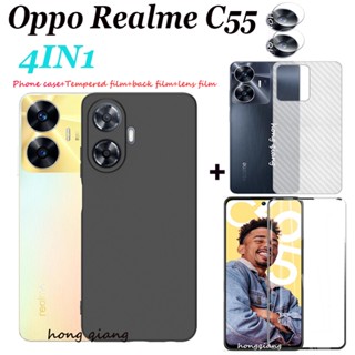 4 in 1 เคสโทรศัพท์มือถือกระจกนิรภัย ฟิล์มเลนส์ ฟิล์มด้านหลัง สีดํา สําหรับ Realme C55 C35 C30 C30S 25 C25Y C21Y C11 2021 C11 2020