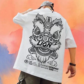 Spot hot summer tops Korean version mens and womens short-sleeved t-shirts Guochao brand  black lion dance print tops