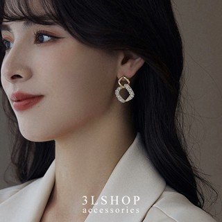 (3Lshop) ต่างหูเพทาย ไข่มุกเทียม ทรงสี่เหลี่ยม สไตล์เกาหลี เครื่องประดับแฟชั่น สําหรับผู้หญิง