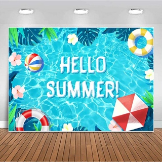 แบนเนอร์ ลาย Hello Summer Pool Party Tropical Swimming Ring Balls สไตล์ฮาวาย สําหรับตกแต่งพื้นหลังสระว่ายน้ํา ปาร์ตี้วันเกิดเด็ก