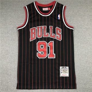 เสื้อกีฬาแขนสั้น ลายทีม NBA Jersey Chicago Bulls No.91 Rodman Rodman 95-96 สีดํา