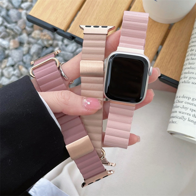 ใหม่ สายนาฬิกาข้อมือหนัง สีชมพู หรูหรา สําหรับ Apple Watch Ultra 8 7 SE 6 5 4 41 มม. 45 มม. Apple Watch 38 42 44 40 มม.