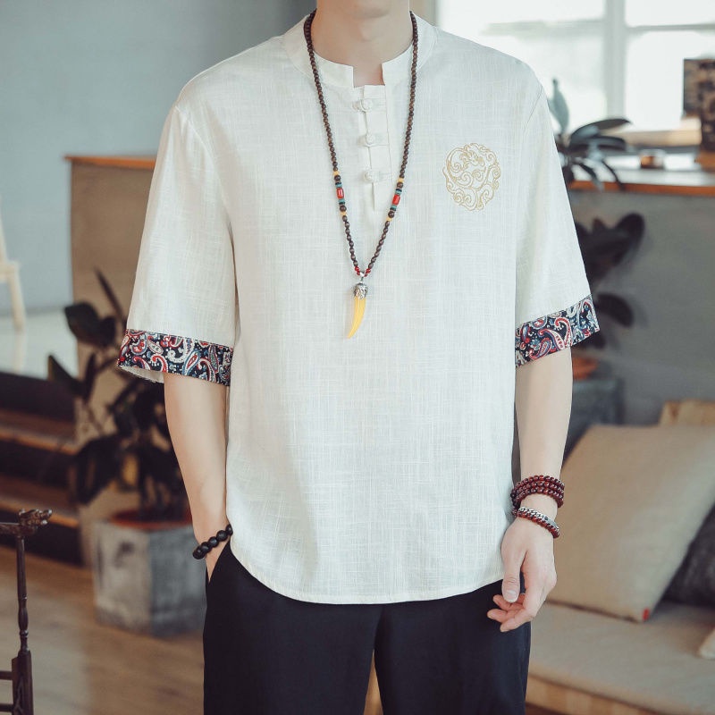 เสื้อเชิ้ตแขนสั้น ผ้าลินิน ปักลาย สไตล์จีนย้อนยุค ทรงหลวม ขนาดใหญ่ สําหรับผู้ชาย