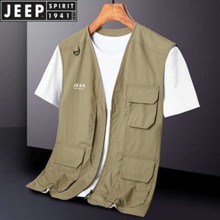 Jeep JEEP เสื้อกั๊กผู้ชาย หลายกระเป๋า เสื้อกั๊กตกปลา เสื้อกั๊ก พิมพ์ลายโลโก้ ที่กําหนดเอง หลวม เสื้อกั๊กอเนกประสงค์