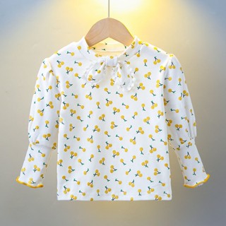 เสื้อยืดแขนยาว คอสูง ประดับโบว์ ลายดอกไม้ แฟชั่นฤดูใบไม้ร่วง สําหรับเด็กผู้หญิง 2023