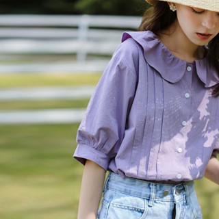เสื้อเชิ้ตแขนสั้น ผ้าฝ้ายแท้ คอตุ๊กตา ทรงหลวม สีม่วงเผือก แฟชั่นฤดูร้อน สไตล์แฟรี่ สําหรับผู้หญิง