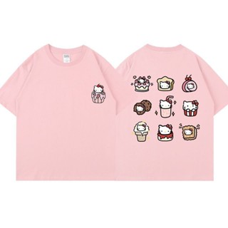 เสื้อยืดแขนสั้น ผ้าฝ้าย 100% พิมพ์ลาย Hello Kitty ทรงหลวม สไตล์ญี่ปุ่น เรโทร แฟชั่นฤดูร้อน สําหรับคู่รัก