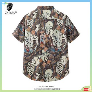 เสื้อฮาวาย เสื้อฮาวายไซส์ใหญ่ ญี่ปุ่น Kawakukiyo Ukiyo-e เสื้อเชิ้ตลายดอกไม้ฮาวายเสื้อเชิ้ตแขนสั้นพิมพ์ลายหัวกะโหลกผู้ชายผ้าไหมไอซ์แบรนด์แฟชั่น