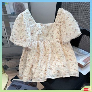 เสื้อฮาวายชาย เสื้อฮาวายผู้ชาย เสื้อเชิ้ตแขนพองจับจีบลายดอกไม้สไตล์ฝรั่งเศสสุดหวานและเก๋ไก๋สำหรับผู้ชายและผู้หญิงเสื้อตุ๊กตาดีไซน์พิเศษสำหรับฤดูร้อนเสื้อคอเหลี่ยม