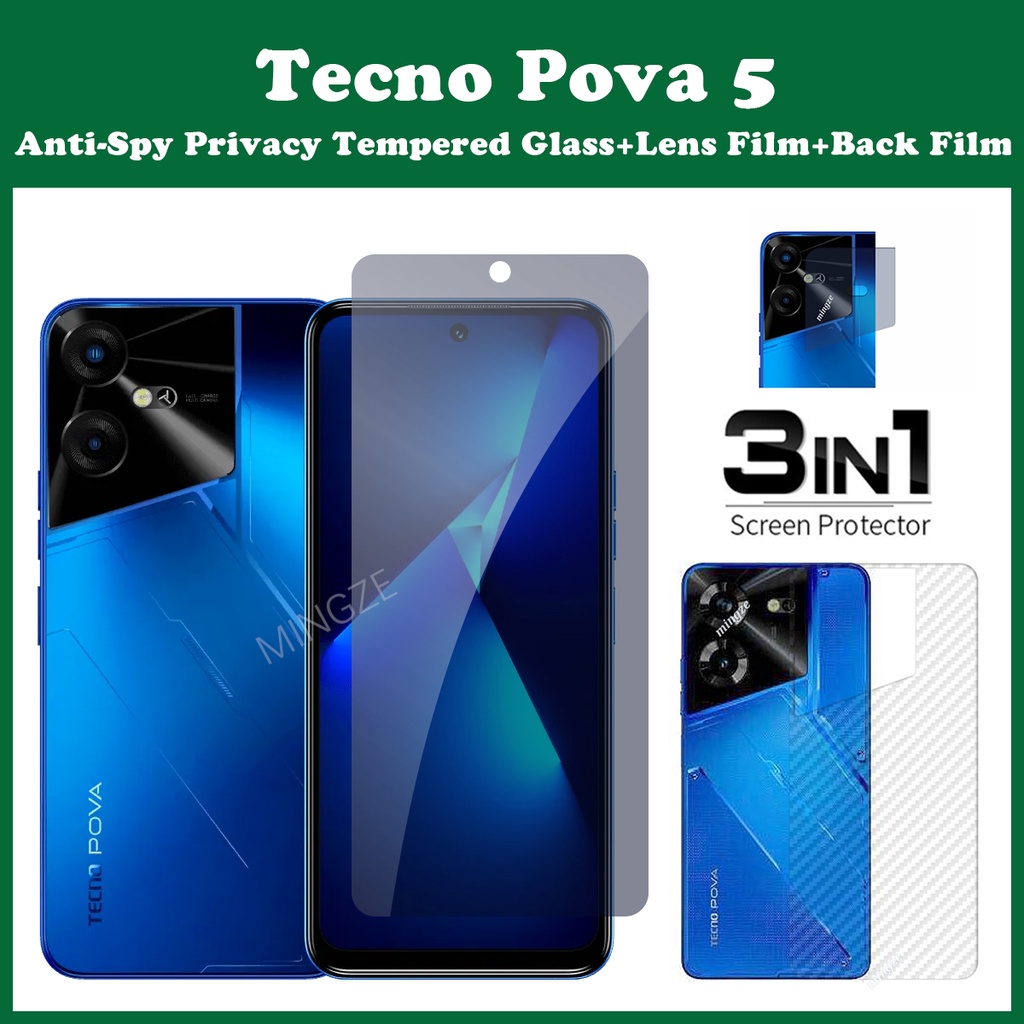 3in1 ฟิล์มกระจกนิรภัยกันรอยหน้าจอ และเลนส์ และฟิล์มด้านหลัง กันแอบส่อง สําหรับ Tecno Pova 5 Tecno Pova 5 Pro 5G
