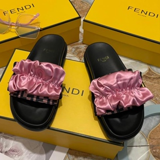 [EUR Size] FENDI2023 ใหม่ Kefendi รองเท้าแตะลําลอง ผ้าซาติน แต่งหัวเข็มขัดโลหะ ลายดอกไม้ สําหรับผู้หญิง