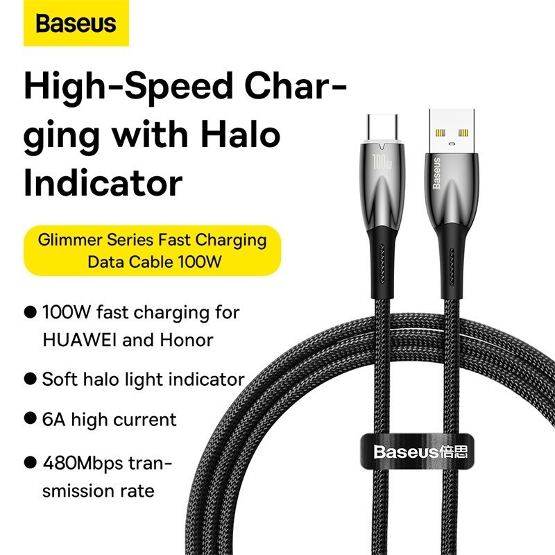 Baseus สมาร์ทไฟ Led USB to Type-C 100W Fast Charging Data Cable Glimmer Series สายสําหรับ Huawei P50 Honor 70 Nova 10 Pro