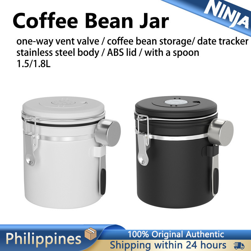 Coffee Canister 1.5/1.8L Stainless Steel Spoon Date Tracker One-Way Vent Value Coffee Jar