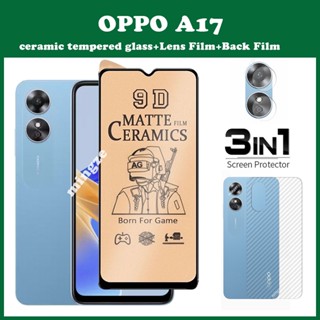 3in1 OPPO A17 A57 A77S A55 กระจกนิรภัยเซรามิค OPPO A96 A76 A95 ฟิล์มนิ่ม ด้าน + ฟิล์มเลนส์ + ฟิล์มด้านหลัง