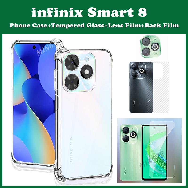 4in1 เคสโทรศัพท์มือถือ ซิลิโคนนิ่ม พร้อมฟิล์มกระจกนิรภัย ฟิล์มเลนส์ ฟิล์มด้านหลัง สําหรับ infinix Smart 8 Smart 8