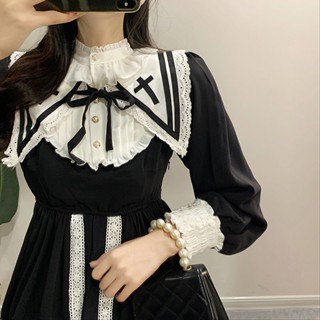 พร้อมส่ง ชุดเดรสกระโปรง แขนยาว คอทหารเรือ ขนาดใหญ่ สไตล์เฮปเบิร์น แฟชั่นเจ้าหญิง สีดํา สําหรับสตรี
