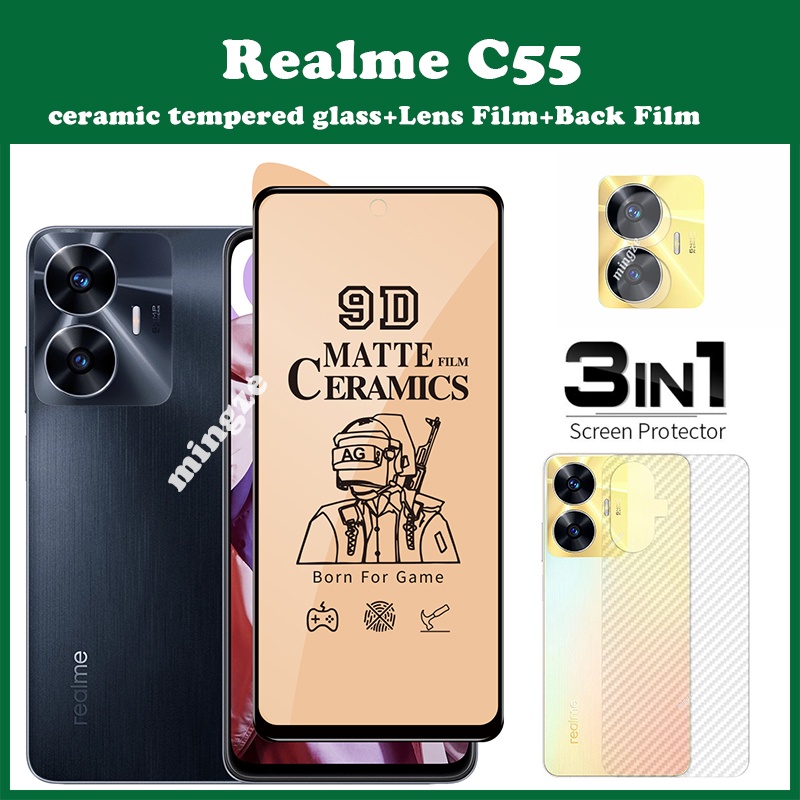 (3 In 1) Realme C55 ฟิล์มกระจกนิรภัยเซรามิค กันรอยหน้าจอ + ฟิล์มกล้อง + ฟิล์มด้านหลัง สําหรับ Realme