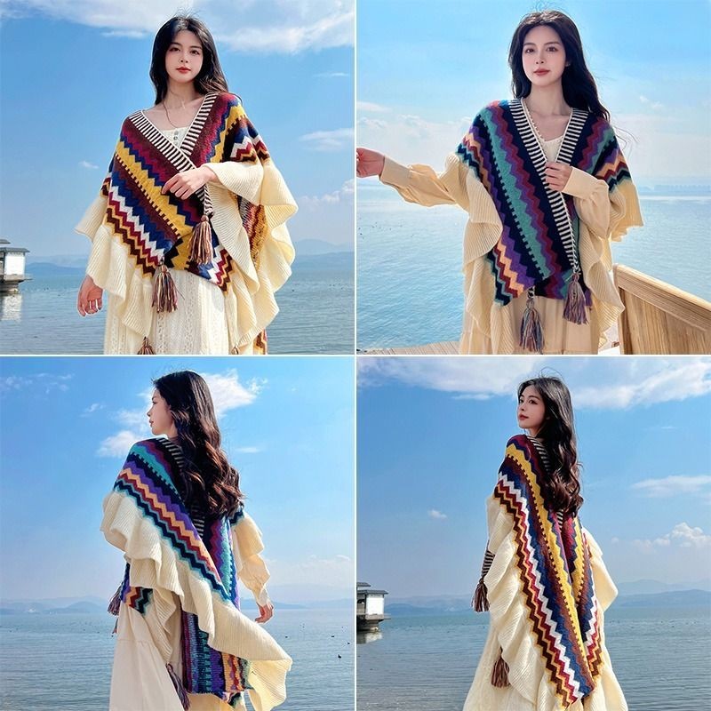 ผ้าคลุมไหล่สไตล์ชาติพันธุ์ Yunnan Lijiang Dali ทิเบต Travel Influencer Outing สวมใส่เสื้อคลุมอุ่นเสื้อคลุมหนา