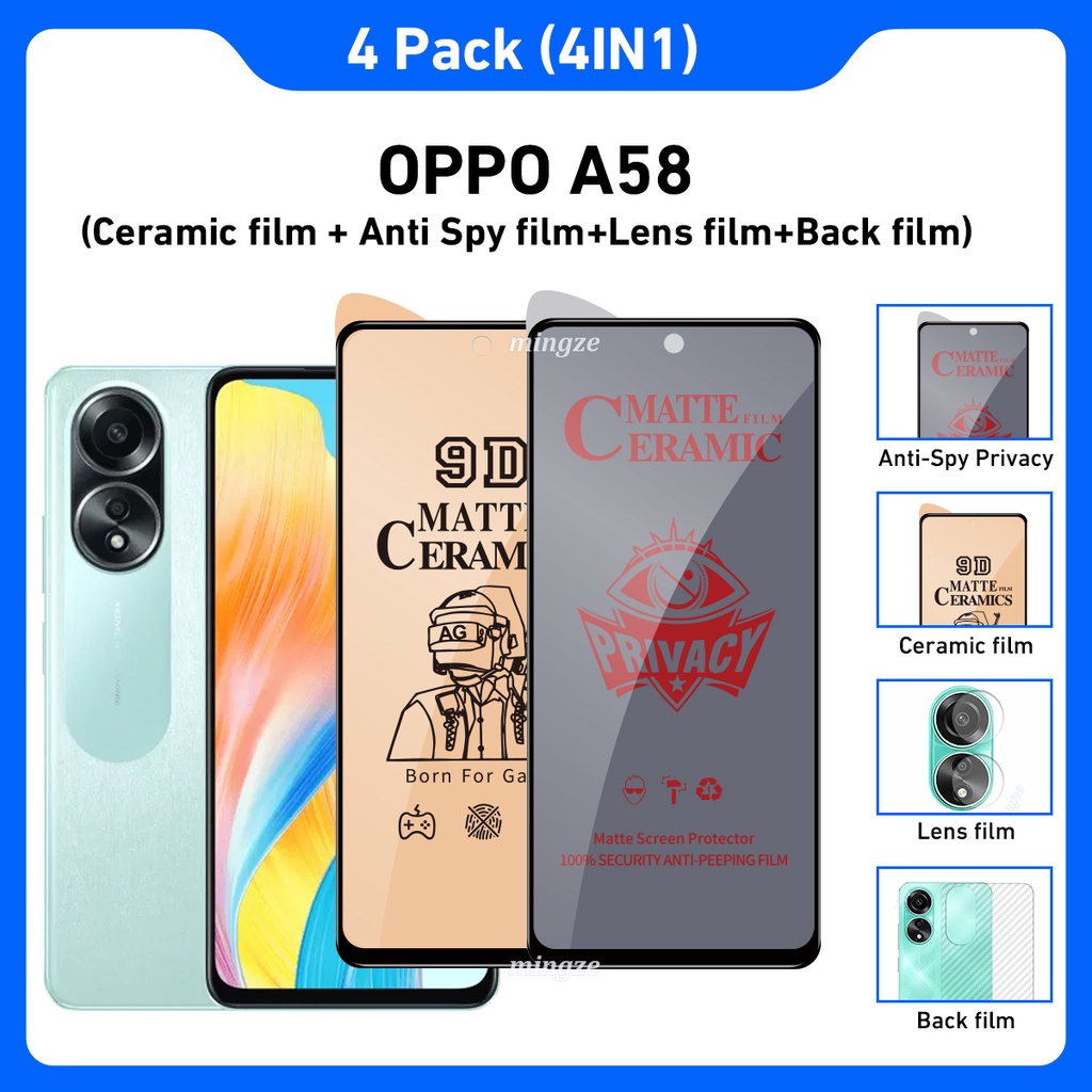 4in1 OPPO A58 ป้องกันสอดแนม ความเป็นส่วนตัว กระจกนิรภัย OPPO A58 4G ฟิล์มเซรามิค และฟิล์มด้านหลัง ป้