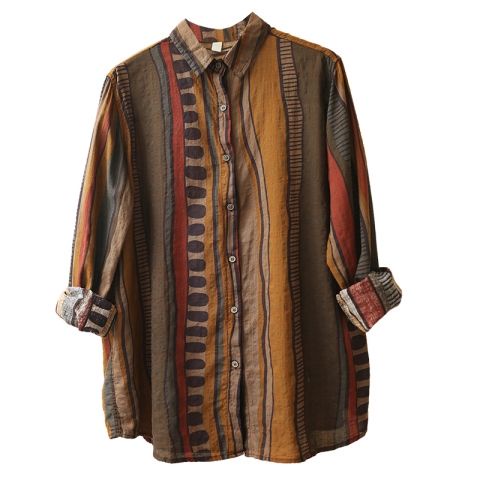 เสื้อเชิ้ตแขนยาวลําลอง ผ้าฝ้าย และผ้าลินิน พิมพ์ลาย ทรงหลวม ขนาดใหญ่ สไตล์เรโทร แฟชั่นฤดูใบไม้ร่วง สําหรับผู้หญิง