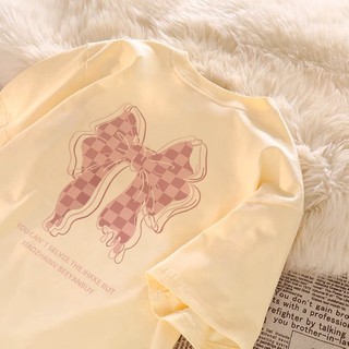 T-shirt  Women's clothing Oversize Korean Polyester Cotton Bow Printing Retro Short Sleeve Women's Fashion T-shirt