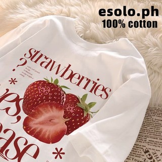 【esolo】Korean Breathable English strawberry print oversized white T-shirt for women #0319
