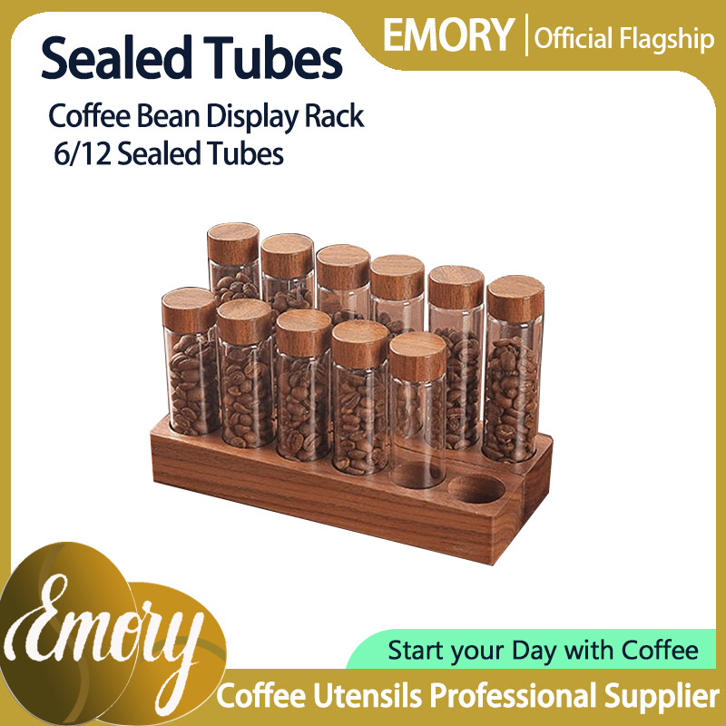Emory Coffee Bean Display Rack with 6/12 Sealed Tube Bottle Walnut Wood Sealed Storage Tank