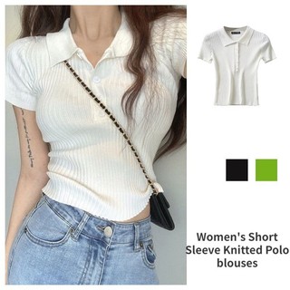 Polo Collar Short Women's Summer Slim Thin Short Sleeve Knitted Top JE