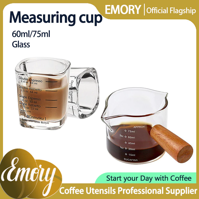 Emory Espresso Shot Glasses Measuring Cup 60ml/75ml Wooden Handle Ounce Measuring Cup Coffee