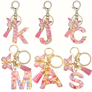 Pink Letter Keychain Love Sequins Butterfly Tassel Keychain Crystal Epoxy Key Pendant Couple Gifts