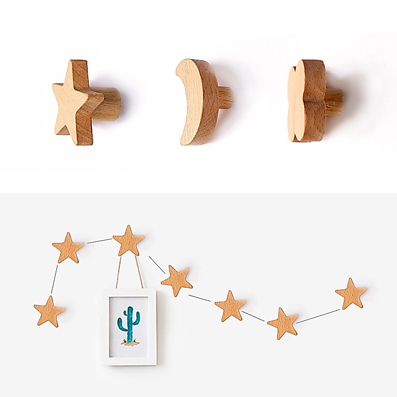 Nordic ไม้ Star Hook Wall Hook Wall Coat Hook การเจาะ-ฟรีเล็บไม้ Strong Sticky Hook แขวนผนัง
