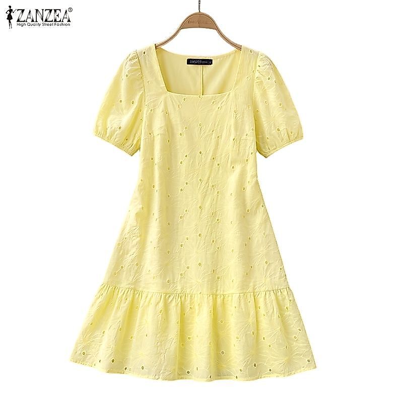 ZANZEA ผู้หญิงวันหยุดเกาหลี Vibes สแควร์คอพัฟแขน Hollow Lace Ruffles Hem A-Line Dresses — صورة 6