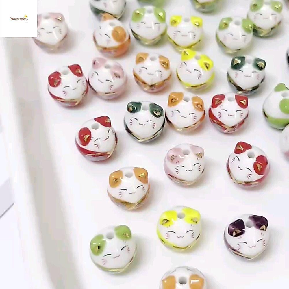 GOURMETGALORE Maneki-eko ลูกปัด, สร้อยคอแมว Plutus ลูกปัดแมว, สร้อยข้อมือแต่งหน้าสวย Handmade เซรามิ