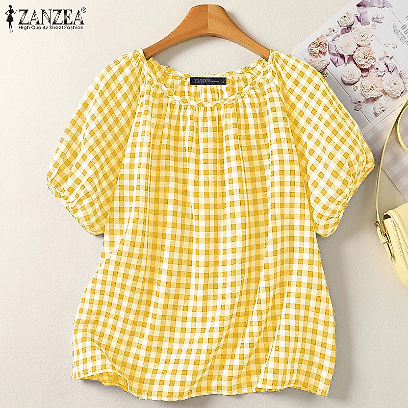 ZANZEA เสื้อเบลาส์หลวมสำหรับผู้หญิง สไตล์วินเทจเกาหลี พิมพ์ลายตารางหมากรุก — صورة 5
