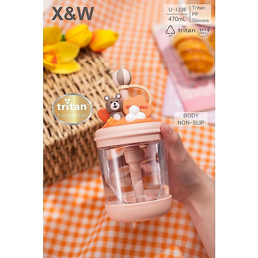 ขวดน้ําเด็กน่ารัก Tritan ซิลิโคนธรรมดา 470ML X&W 1336